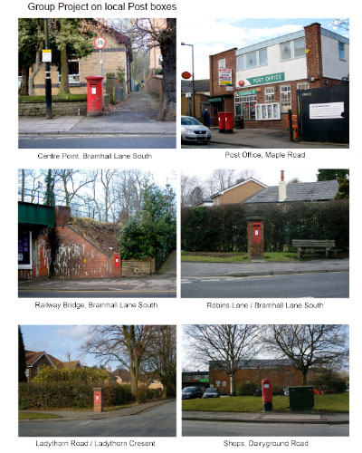 Six photos showing postcards in different places in a town
