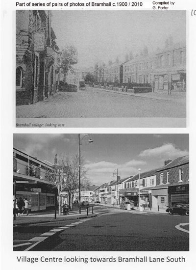 Two black and white photos of a street 100 years apart