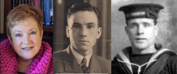 Three portrait photos: on the left is a modern selfie of a woman in her sixties with short hair (Denise). The central photo is black and white and looks to have been taken in the 40s or 50s - it shows a man with short hair wearing a suit (Denise's father). The right photo is even older, in black and white, showing a young man wearing a naval outfit (Denise's paternal grandfather.) All of the photos have a similar feature: the ear on the left is slightly higher than the right.