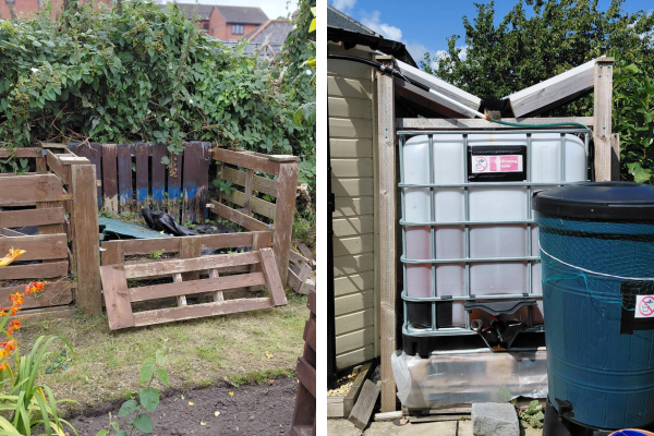 two images showing a compost bin and a water harvesting tub