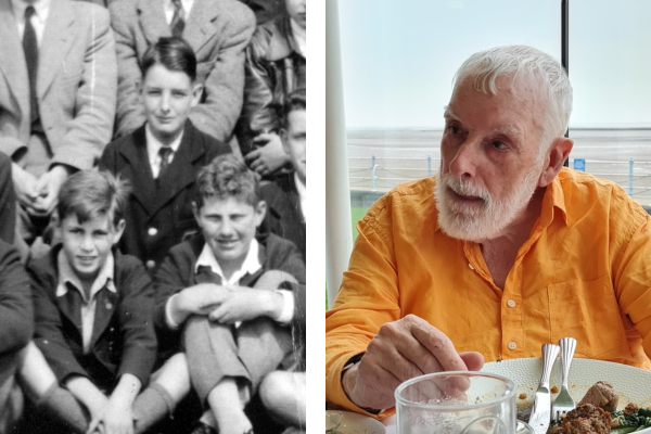 u3a member pictured left as a child with two others in school uniform and right as a 90 year old in a restaurant