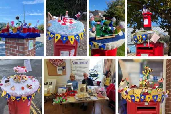 collage of images of crochet postbox toppers